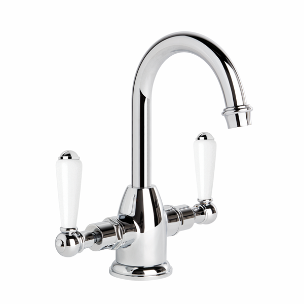 Brodware - Neu England - 1.8004.00.4.01 - Basin Mixer with Swivel Spout & White Porcelain Levers - Chrome
