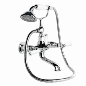 Brodware - Neu England - 1.8020.00.4.01 - Wall Mount Bath Mixer with Hand Shower, White Porcelain Levers & Diverter - Chrome