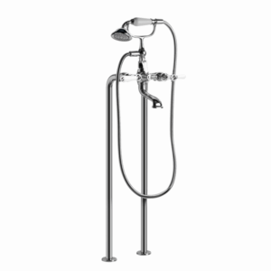 Brodware - Neu England - 1.8022.00.4.01 - Floor Mount Bath Mixer with Hand Shower, White Porcelain Levers & Diverter - Chrome