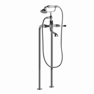 Brodware - Neu England - 1.8022.00.5.01 - Floor Mount Bath Mixer with Hand Shower, Black Porcelain Levers & Diverter - Chrome