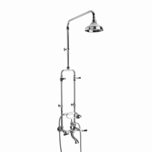 Brodware - Neu England - 1.8023.00.4.01 - Exposed Bath/Overhead Shower Set with 150mm Rose, Hand Shower, White Porcelain Levers & Diverter - Chrome
