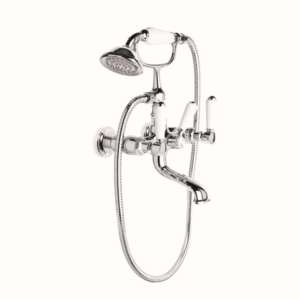 Brodware - Winslow - 1.8120.00.4.01 - Bath Mixer with Handshower & White Porcelain Levers & Mixer, Wall Mount - Wels 3 Star Flow Rate 9L/min - Chrome