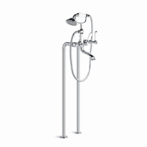 Brodware - Winslow - 1.8122.00.4.01 - Bath Mixer with Handshower & White Porcelain Lever & Diverter, Floor Mount - Wels 3 Star Flow Rate 9L/min - Chrome