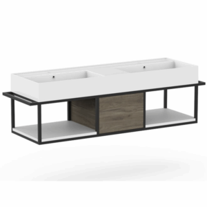 ADP - Antonio - ANTFC1400WHD - Ceramic Wall Hung Vanity 1400mm, Double Bowl - Gloss White / Matte White Wood / Matte Black